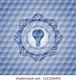 light bulb icon inside blue emblem with geometric pattern background.