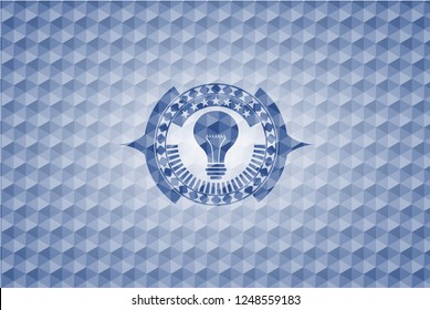 light bulb icon inside blue emblem or badge with geometric pattern background.