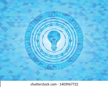 light bulb icon inside light blue emblem with mosaic ecological style background