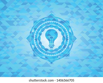 light bulb icon inside light blue emblem with triangle mosaic background
