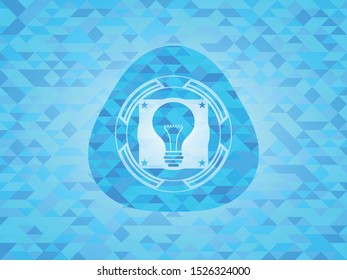 light bulb icon inside light blue emblem with mosaic ecological style background