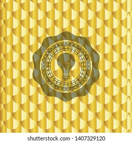 light bulb icon inside gold badge. Scales pattern. Vector Illustration. Detailed.