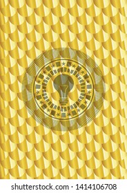 light bulb icon inside gold shiny badge. Scales pattern. Vector Illustration. Detailed.