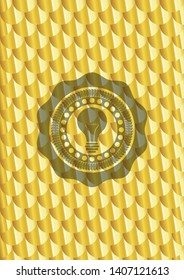 light bulb icon inside golden emblem. Scales pattern. Vector Illustration. Detailed.