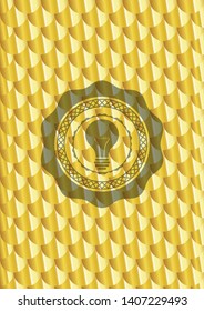 light bulb icon inside golden emblem. Scales pattern. Vector Illustration. Detailed.
