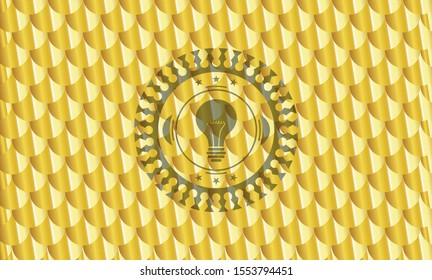 light bulb icon inside golden badge. Scales pattern. Vector Illustration. Detailed.