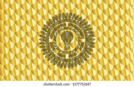 light bulb icon inside golden badge. Scales pattern. Vector Illustration. Detailed.