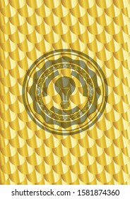 light bulb icon inside golden emblem or badge. Scales pattern. Vector Illustration. Detailed.