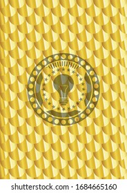 light bulb icon inside golden badge or emblem. Scales pattern. Vector Illustration. Detailed.