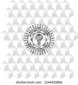light bulb icon inside grey emblem. Retro with geometric cube white background