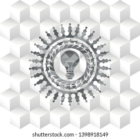 light bulb icon inside grey emblem. Retro with geometric cube white background