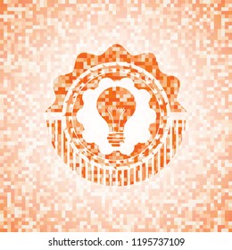 light bulb icon inside orange tile background illustration. Square geometric mosaic seamless pattern with emblem inside.