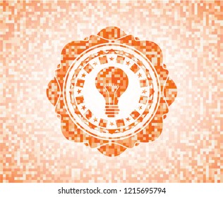 light bulb icon inside orange tile background illustration. Square geometric mosaic seamless pattern with emblem inside.