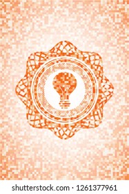 light bulb icon inside orange tile background illustration. Square geometric mosaic seamless pattern with emblem inside.