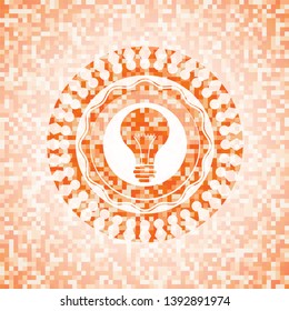 light bulb icon inside orange tile background illustration. Square geometric mosaic seamless pattern with emblem inside.