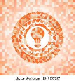 light bulb icon inside orange tile background illustration. Square geometric mosaic seamless pattern with emblem inside.