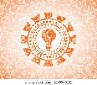 light bulb icon inside orange mosaic emblem with background. 