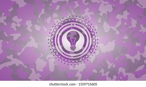 light bulb icon inside pink and purple camouflaged emblem