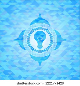light bulb icon inside realistic sky blue emblem. Mosaic background