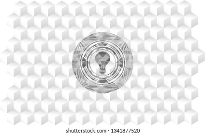 light bulb icon inside realistic grey emblem with cube white background