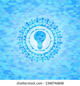 light bulb icon inside realistic sky blue emblem. Mosaic background