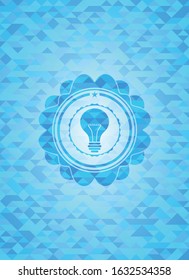 light bulb icon inside realistic sky blue emblem. Mosaic background