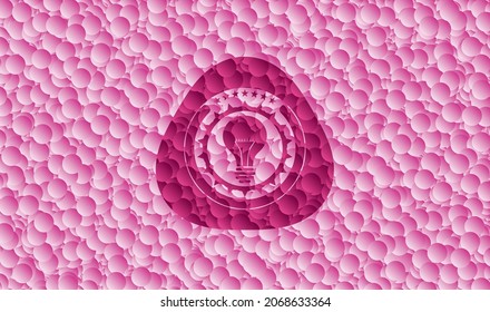 light bulb icon inside realistic pink emblem with bubbles background. Vector Illustration. Detailed. 