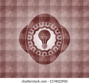 light bulb icon inside red emblem or badge with abstract geometric polygonal pattern background. Seamless.