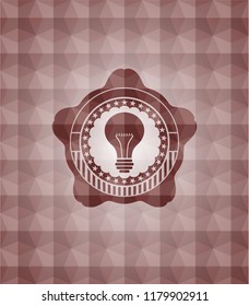 light bulb icon inside red emblem with geometric pattern background. Seamless.