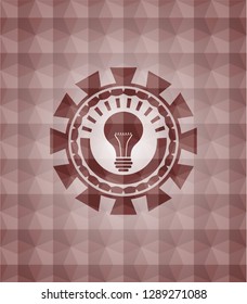 light bulb icon inside red emblem with geometric pattern background. Seamless.