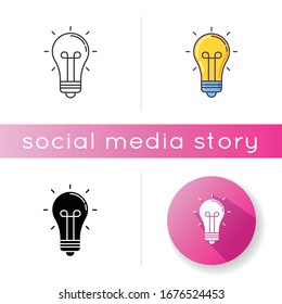 Light bulb icon. Inspiration sign. Glowing lightbulb. Think of solution. Incandescent lamp. Imagination and intelligence symbol. Linear black and RGB color styles. Isolated vector illustrations