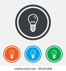 Light bulb icon. Lamp E14 screw socket symbol. Led light sign. Graphic design web element. Flat e14 lamp symbol on the round button. Vector