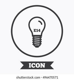 Light bulb icon. Lamp E14 screw socket symbol. Led light sign. Graphic design element. Flat symbol in circle button. Vector