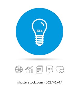 Light bulb icon. Lamp E14 screw socket symbol. Led light sign. Copy files, chat speech bubble and chart web icons. Vector