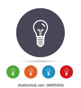 Light bulb icon. Lamp E14 screw socket symbol. Illumination sign. Round colourful buttons with flat icons. Vector