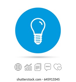 Light bulb icon. Lamp E14 screw socket symbol. Led light sign. Copy files, chat speech bubble and chart web icons. Vector