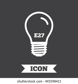 Light bulb icon. Lamp E27 screw socket symbol. Led light sign. Graphic design element. Flat e27 lamp symbol on dark background. Vector