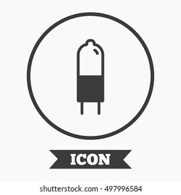 Light bulb icon. Lamp G4 socket symbol. Led or halogen light sign. Graphic design element. Flat symbol in circle button. Vector