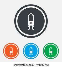 Light bulb icon. Lamp G9 socket symbol. Led or halogen light sign. Graphic design web element. Flat g9 lamp symbol on the round button. Vector