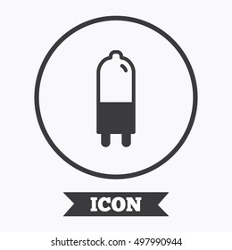 Light bulb icon. Lamp G9 socket symbol. Led or halogen light sign. Graphic design element. Flat symbol in circle button. Vector