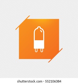 Light bulb icon. Lamp G9 socket symbol. Led or halogen light sign. Orange square label on pattern. Vector