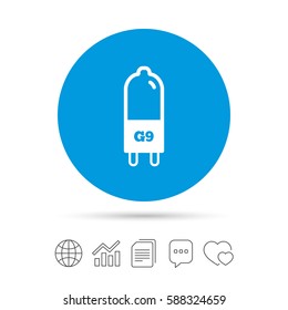 Light bulb icon. Lamp G9 socket symbol. Led or halogen light sign. Copy files, chat speech bubble and chart web icons. Vector