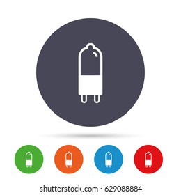 Light bulb icon. Lamp G9 socket symbol. Led or halogen light sign. Round colourful buttons with flat icons. Vector