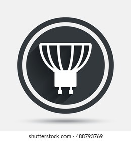 Light bulb icon. Lamp GU10 socket symbol. Led or halogen light sign. Circle flat button with shadow and border. Vector