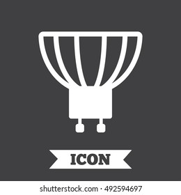 Light bulb icon. Lamp GU10 socket symbol. Led or halogen light sign. Graphic design element. Flat gU10 lamp symbol on dark background. Vector