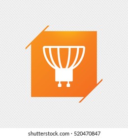 Light bulb icon. Lamp GU10 socket symbol. Led or halogen light sign. Orange square label on pattern. Vector