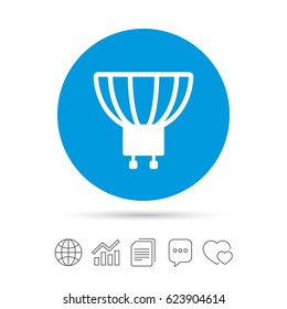 Light bulb icon. Lamp GU10 socket symbol. Led or halogen light sign. Copy files, chat speech bubble and chart web icons. Vector