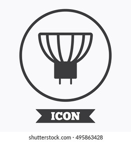 Light bulb icon. Lamp GU5.3 socket symbol. Led or halogen light sign. Graphic design element. Flat symbol in circle button. Vector
