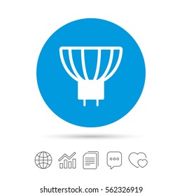 Light bulb icon. Lamp GU5.3 socket symbol. Led or halogen light sign. Copy files, chat speech bubble and chart web icons. Vector