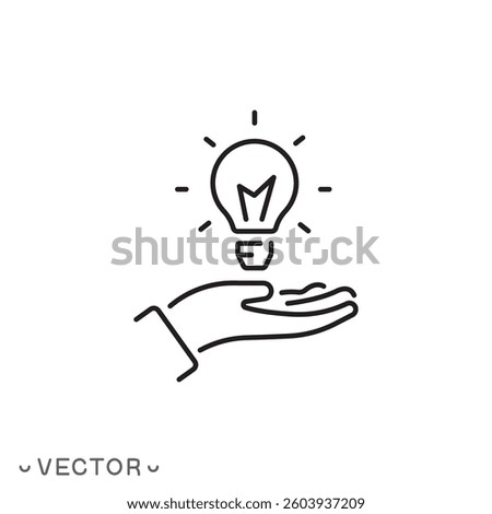light bulb icon, lamp on hand concept, thin line symbol isolated on white background, editable stroke eps 10 vector illustration